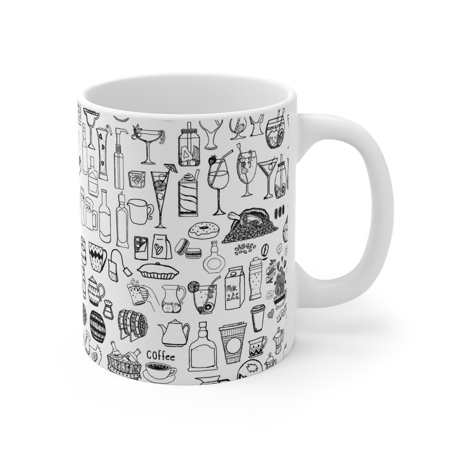 Kitchen Doodle Mug — Black & White Illustrated Food Pattern 11oz