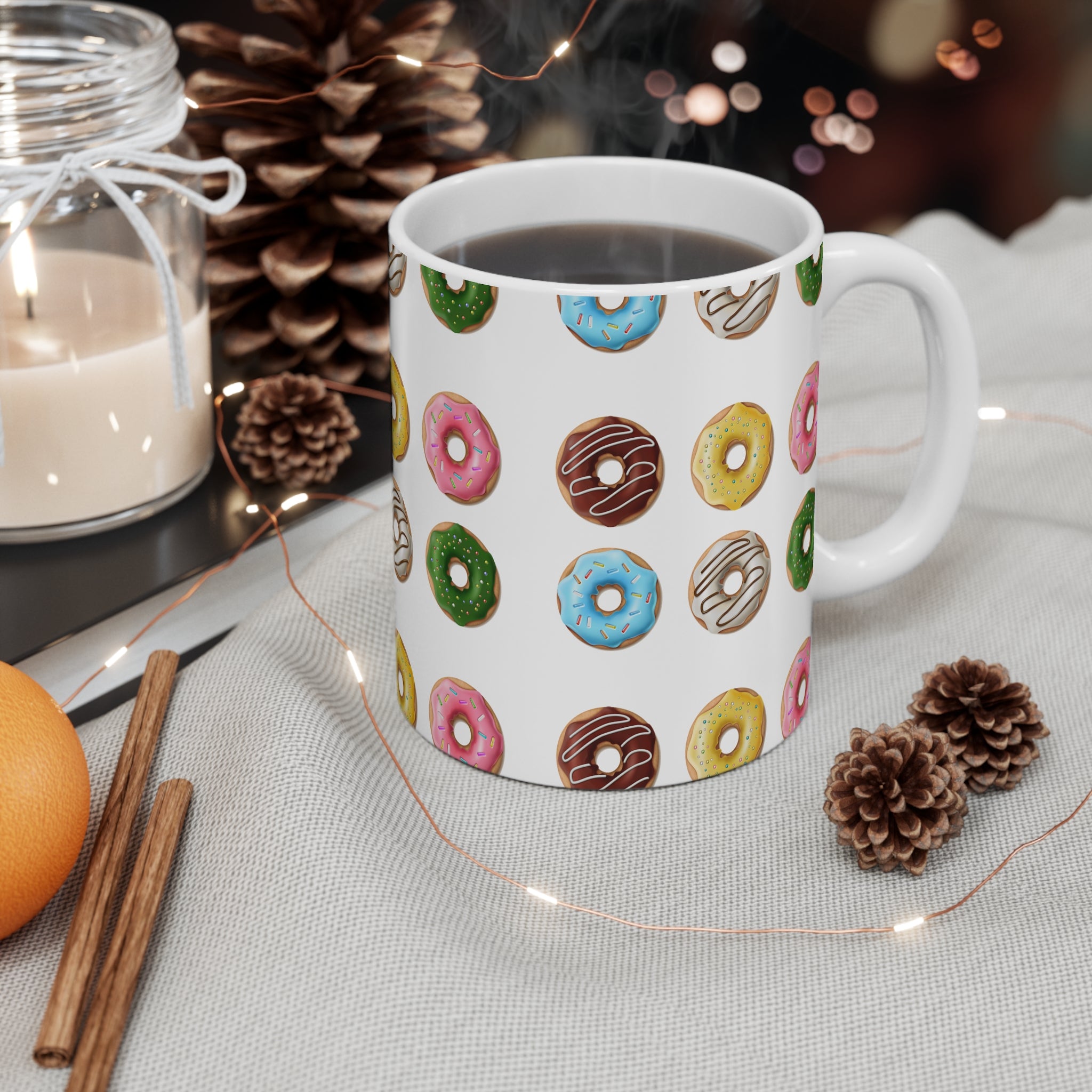 Donut Pattern 11oz Coffee Mug — Colorful Glazed Donuts Ceramic Cup