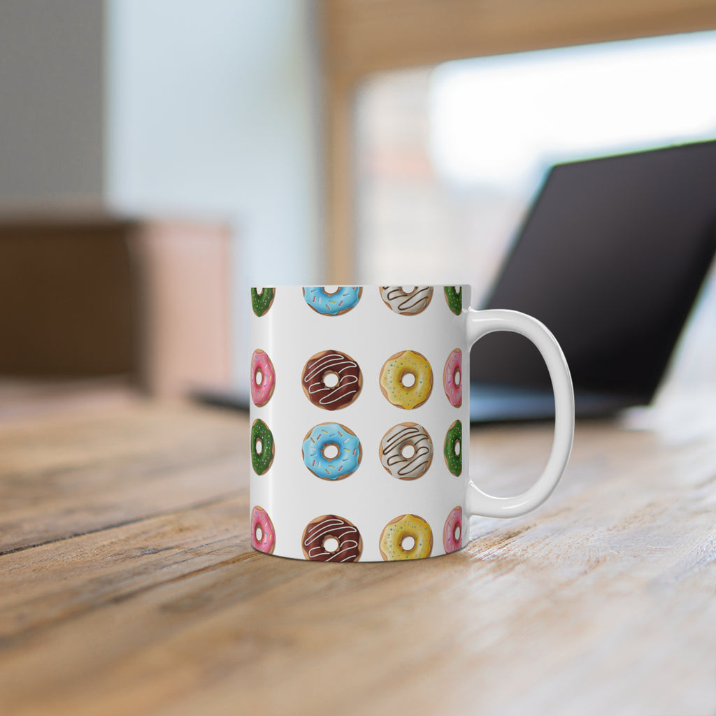 Donut Pattern 11oz Coffee Mug — Colorful Glazed Donuts Ceramic Cup