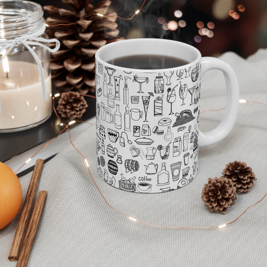 Kitchen Doodle Mug — Black & White Illustrated Food Pattern 11oz