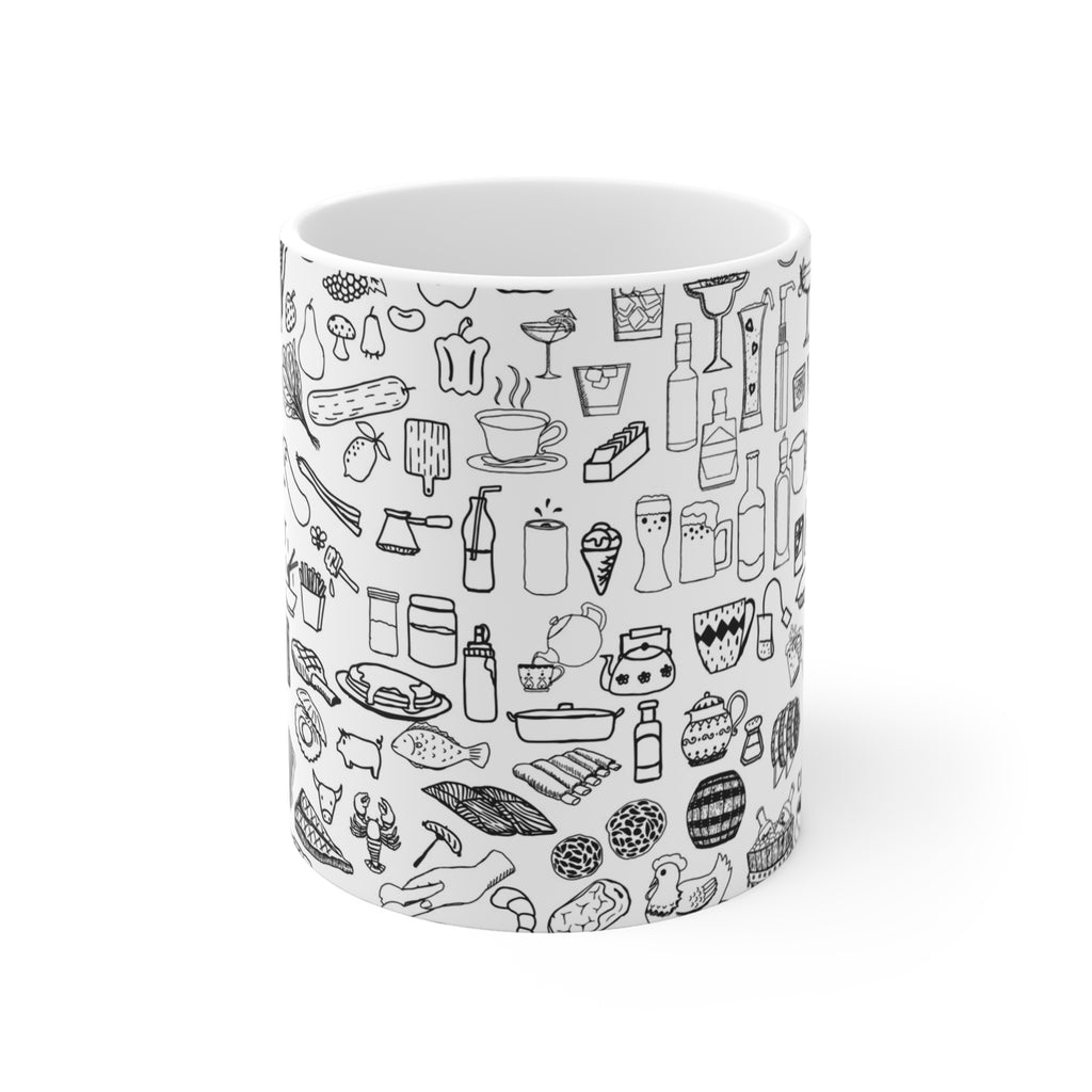 Kitchen Doodle Mug — Black & White Illustrated Food Pattern 11oz