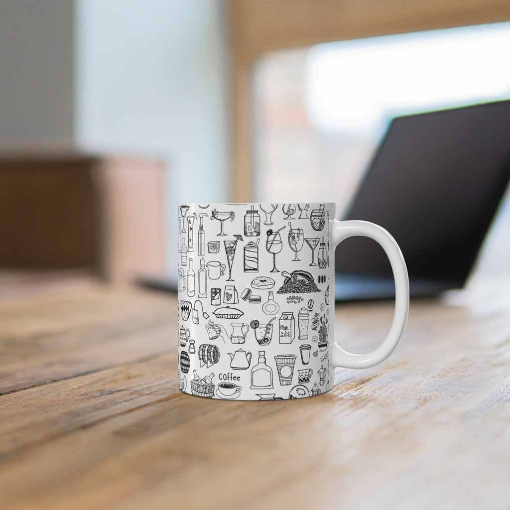 Kitchen Doodle Mug — Black & White Illustrated Food Pattern 11oz