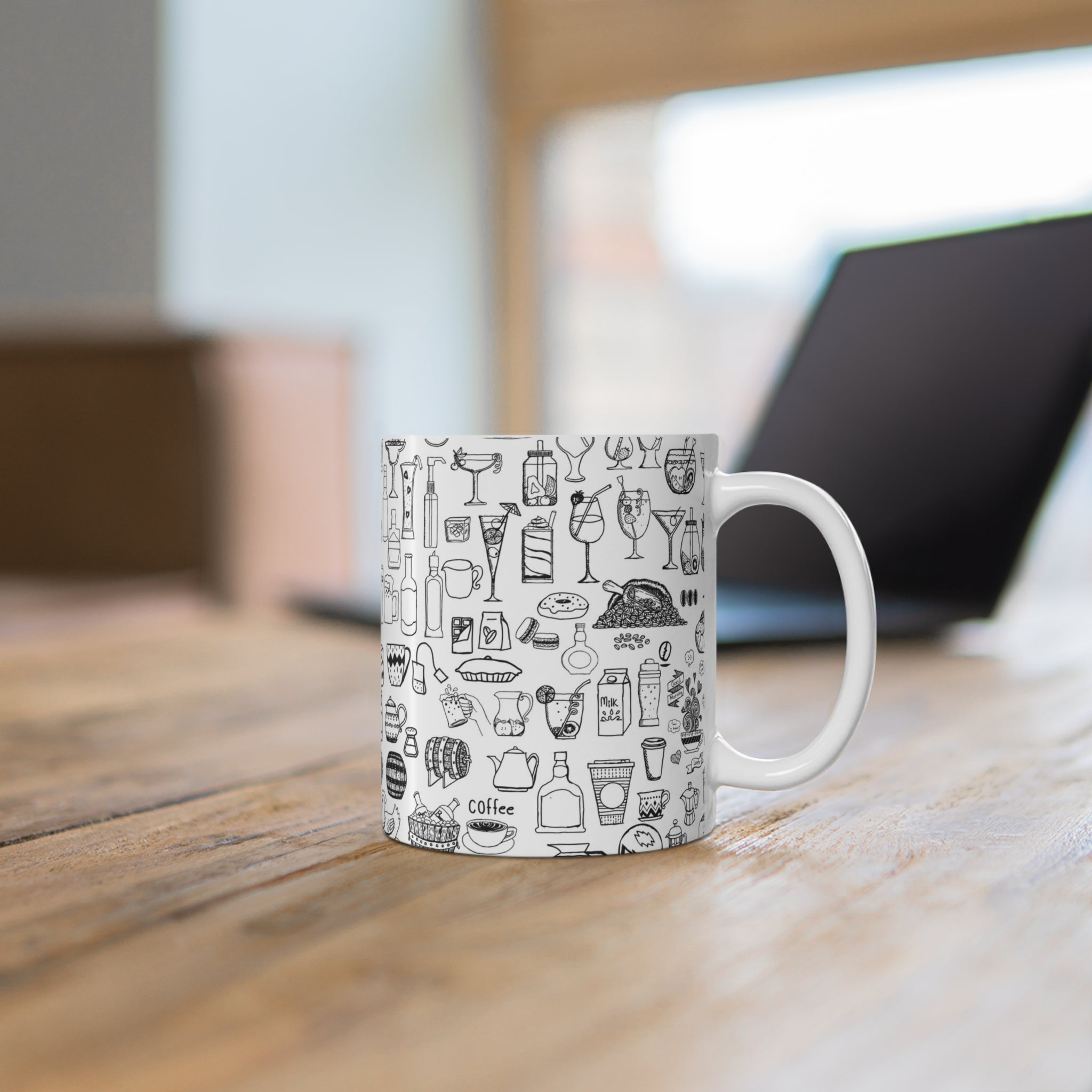 Kitchen Doodle Mug — Black & White Illustrated Food Pattern 11oz