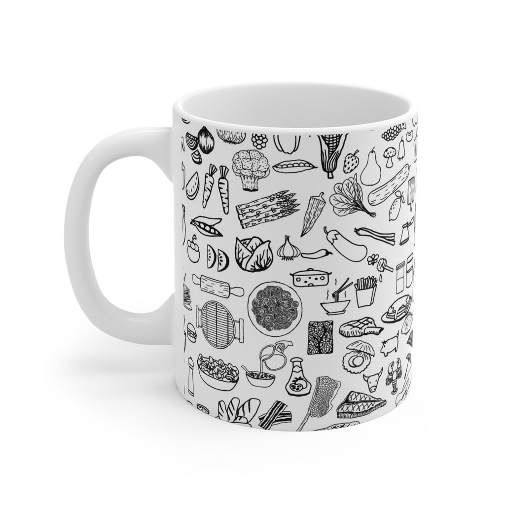 Kitchen Doodle Mug — Black & White Illustrated Food Pattern 11oz