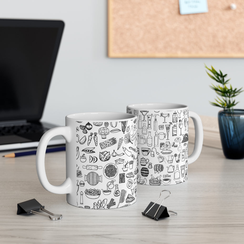 Kitchen Doodle Mug — Black & White Illustrated Food Pattern 11oz