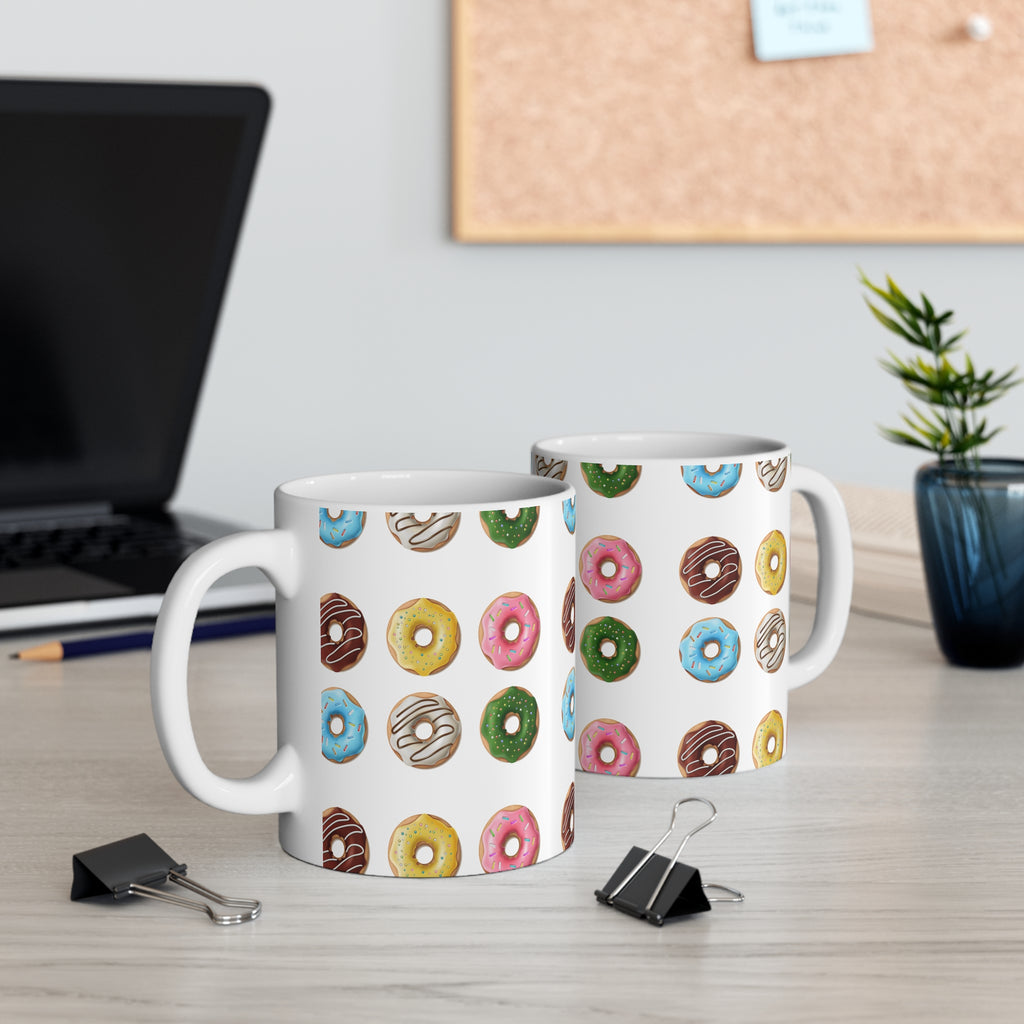 Donut Pattern 11oz Coffee Mug — Colorful Glazed Donuts Ceramic Cup